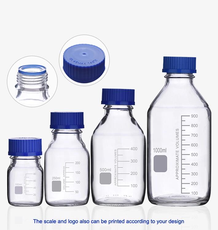 Clear Reagent Bottle with Blue Screw Cap from 100ml to 1000ml