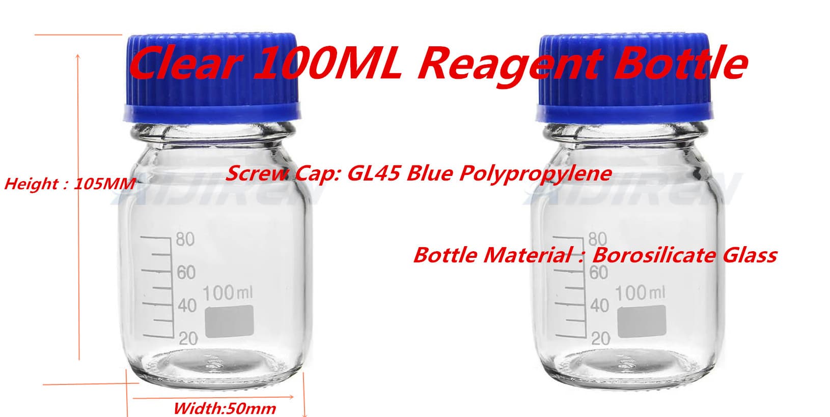 Low volume reagent bottle 100ml with GL45 screw caps