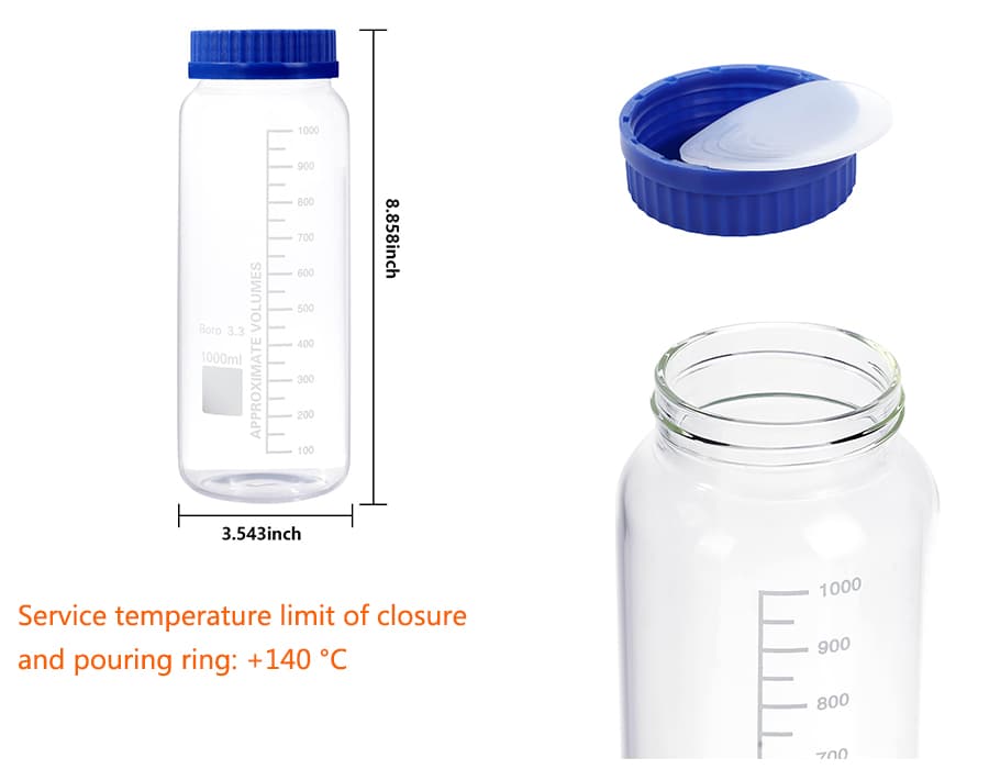 1000ML Wide Mouth Graduated Round Reagent Media Storage Lab Glass Bottle With GL80 Blue Polypropylene Screw Cap