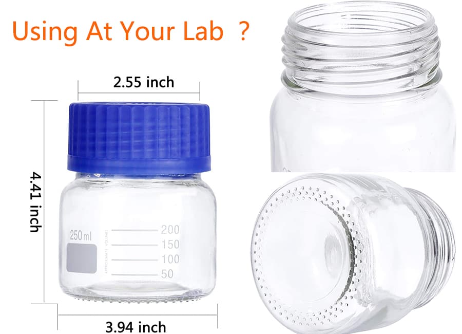 250ML Wide Mouth Graduated Round Reagent Media Storage Lab Glass Bottle With GL80 Blue Polypropylene Screw Cap