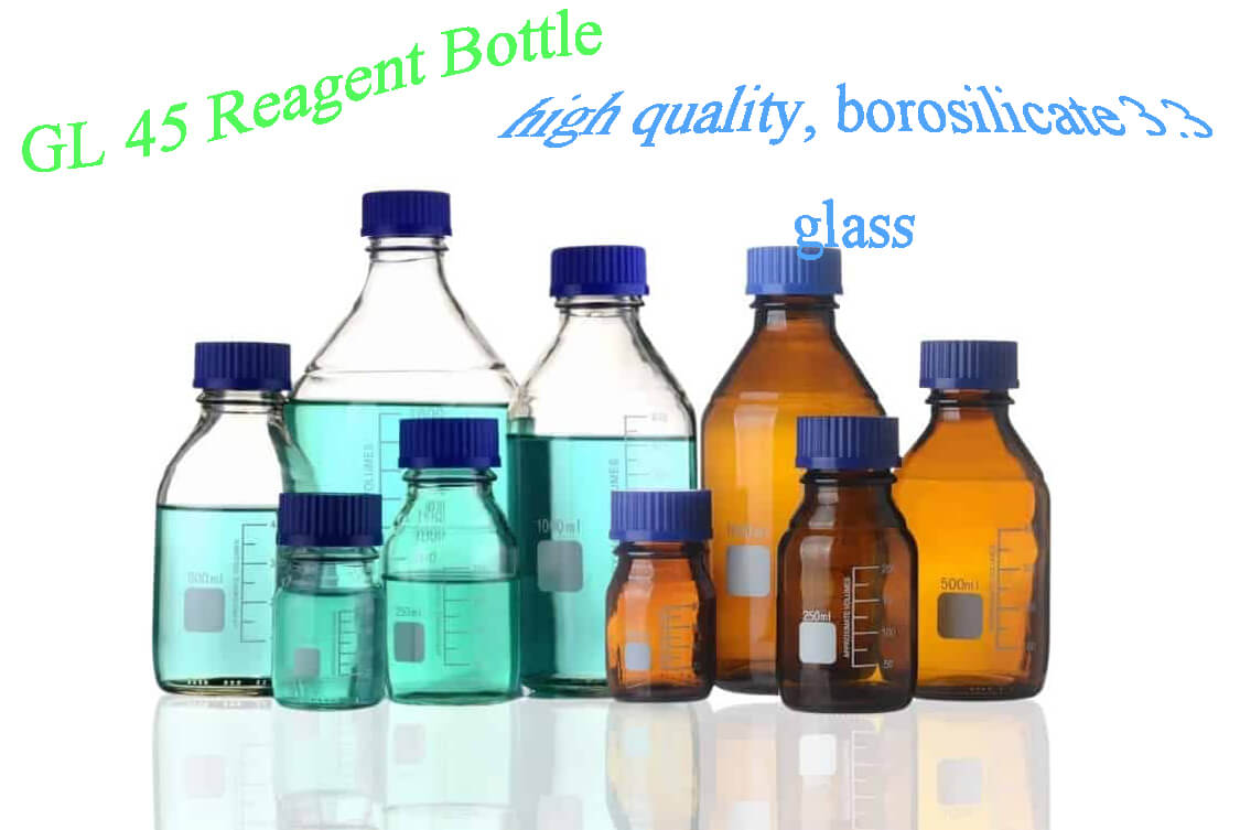 gl45-amber and clear reagent bottle with blue cap