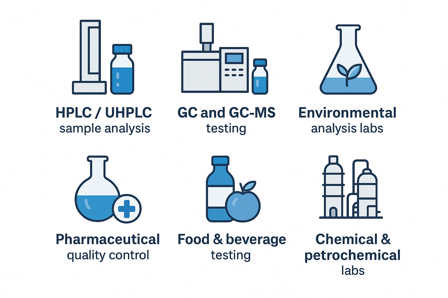 HPLC / UHPLC sample analysis GC and GC-MS testing Environmental analysis labs Pharmaceutical quality control Food & beverage testing Chemical & petrochemical labs