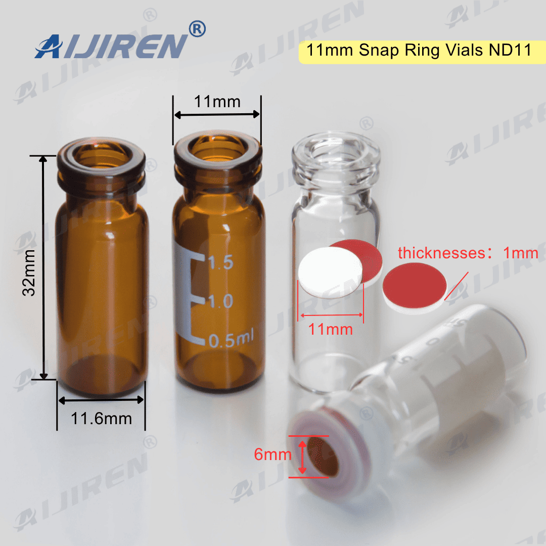 ND11 snap-on sample vials and sealing caps: 11mm snap-on caps with PTFE/silicone septa, suitable for Agilent/Shimadzu