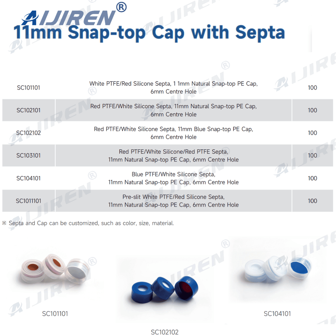 11mm snap caps and septa: PTFE/silicone seals, multi-color coded options