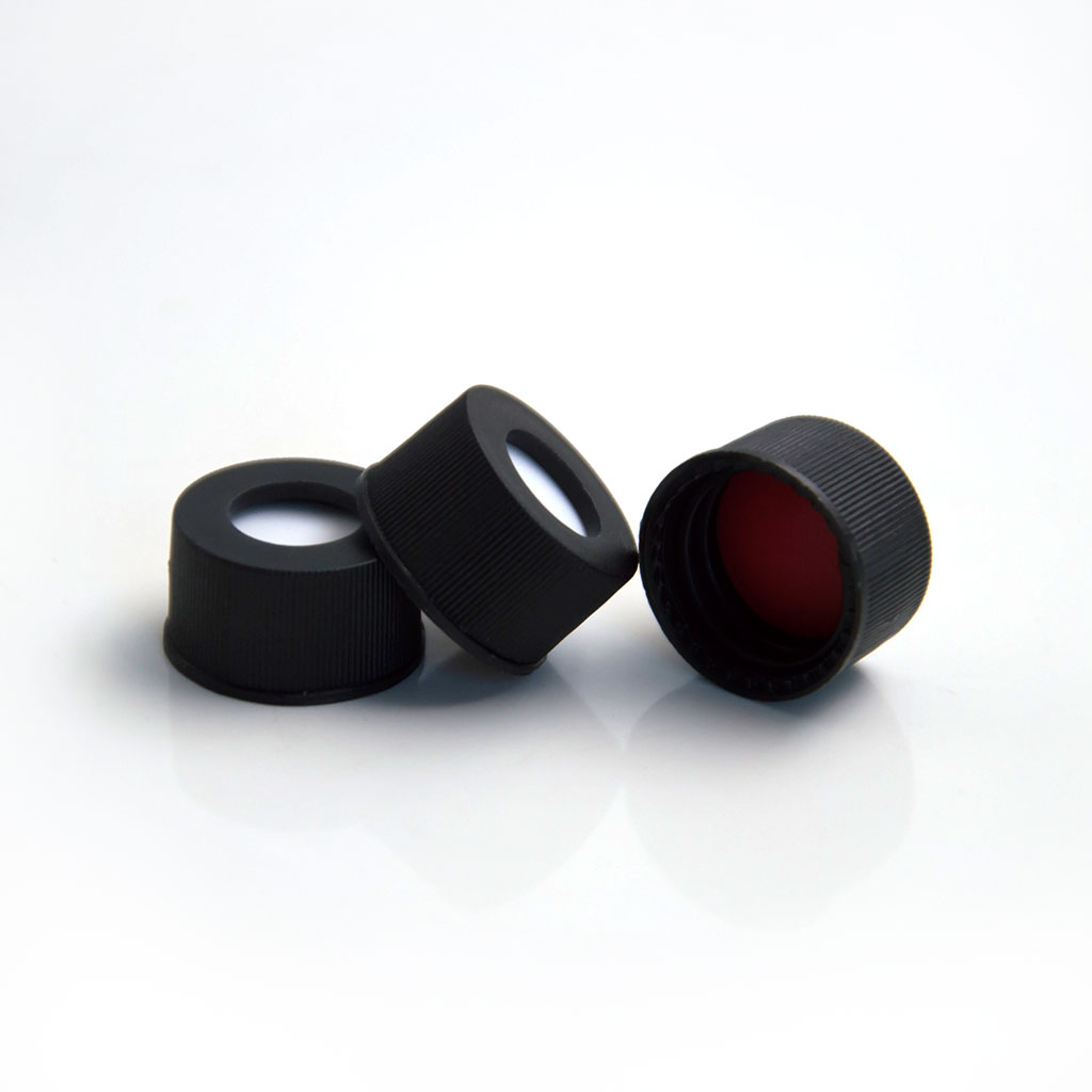 13mm threaded cap and septum: black PP sealing cap with PTFE/silicone septum
