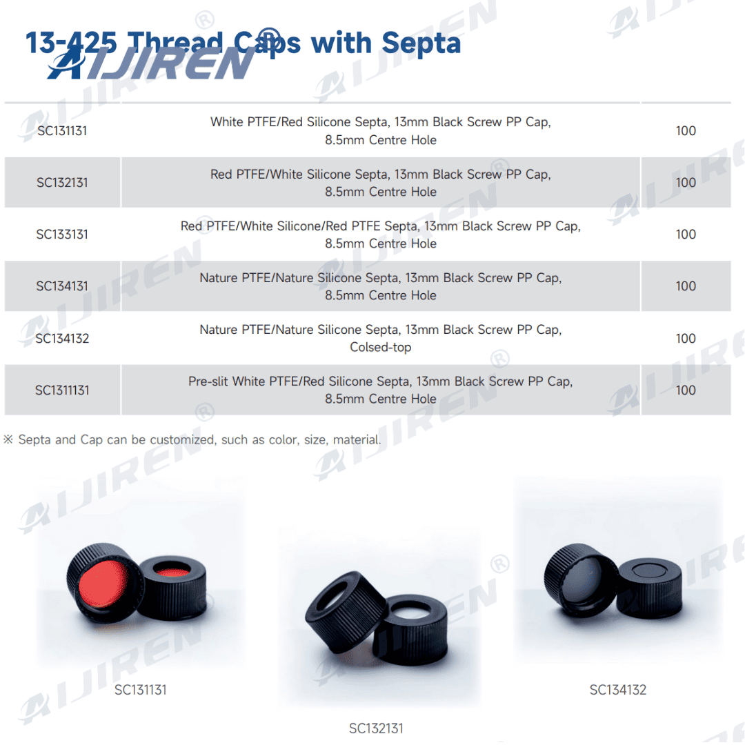 13mm threaded cap and septum: black PP sealing cap with PTFE/silicone septum