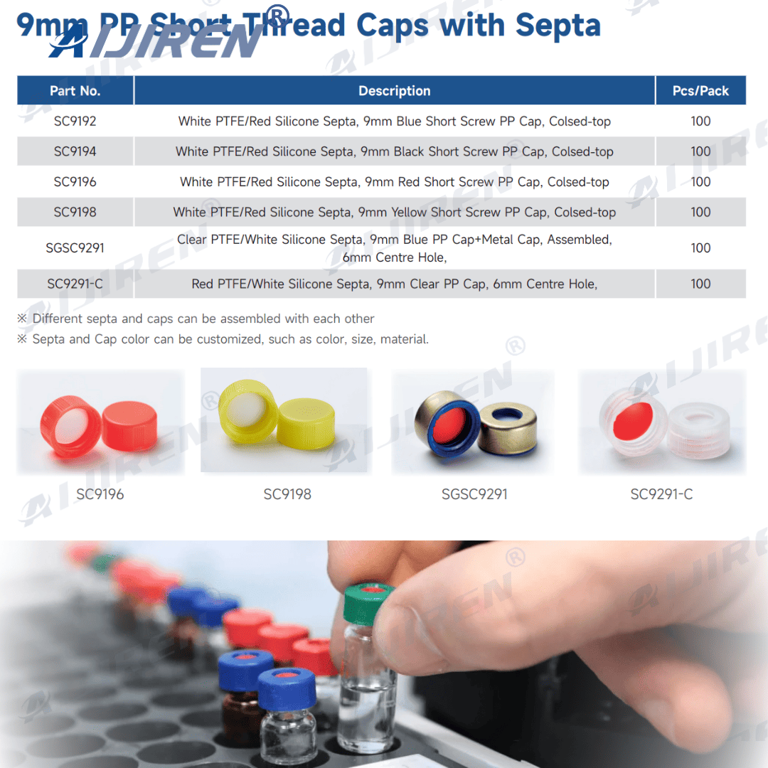 9mm color coded PP caps and septa: closed top seals for HPLC/GC vials
