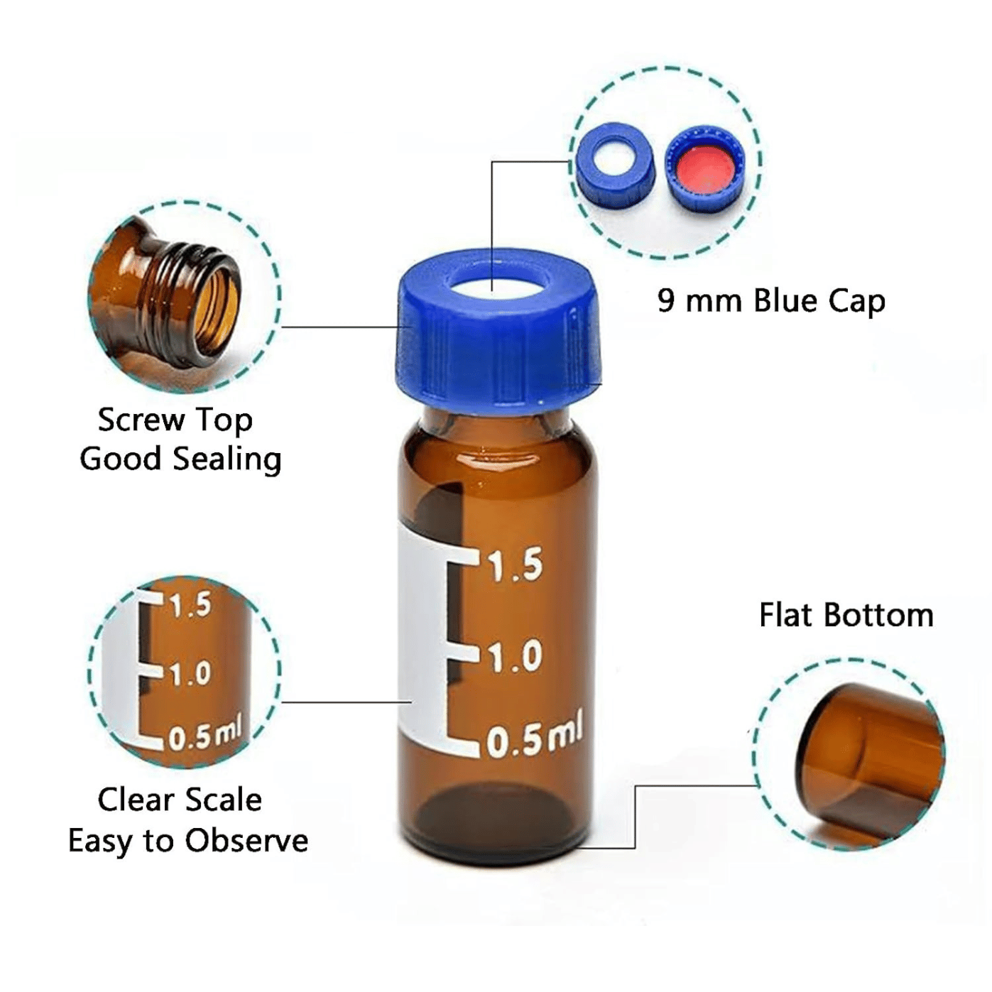 Complete 9-425 Thread HPLC Vial Kit with Caps and Scale, 2mL Pack of 100