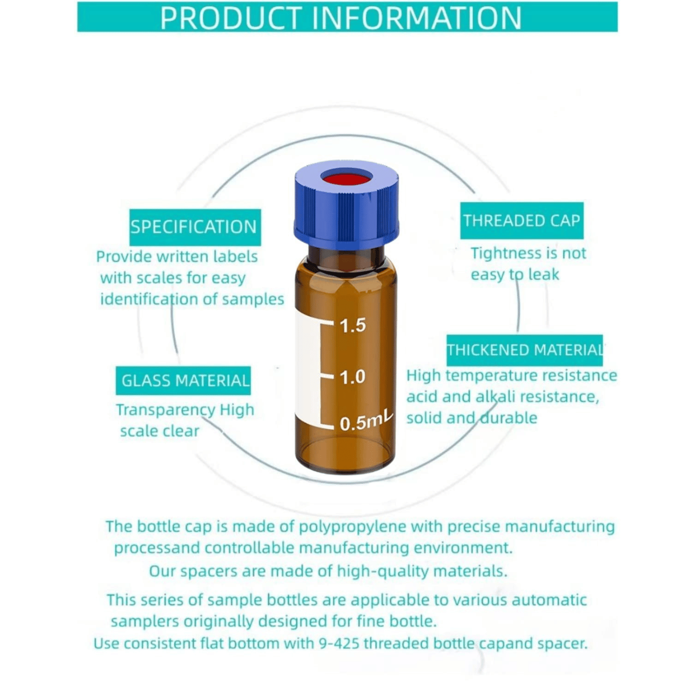 Complete 9-425 Thread HPLC Vial Kit with Caps and Scale, 2mL Pack of 100