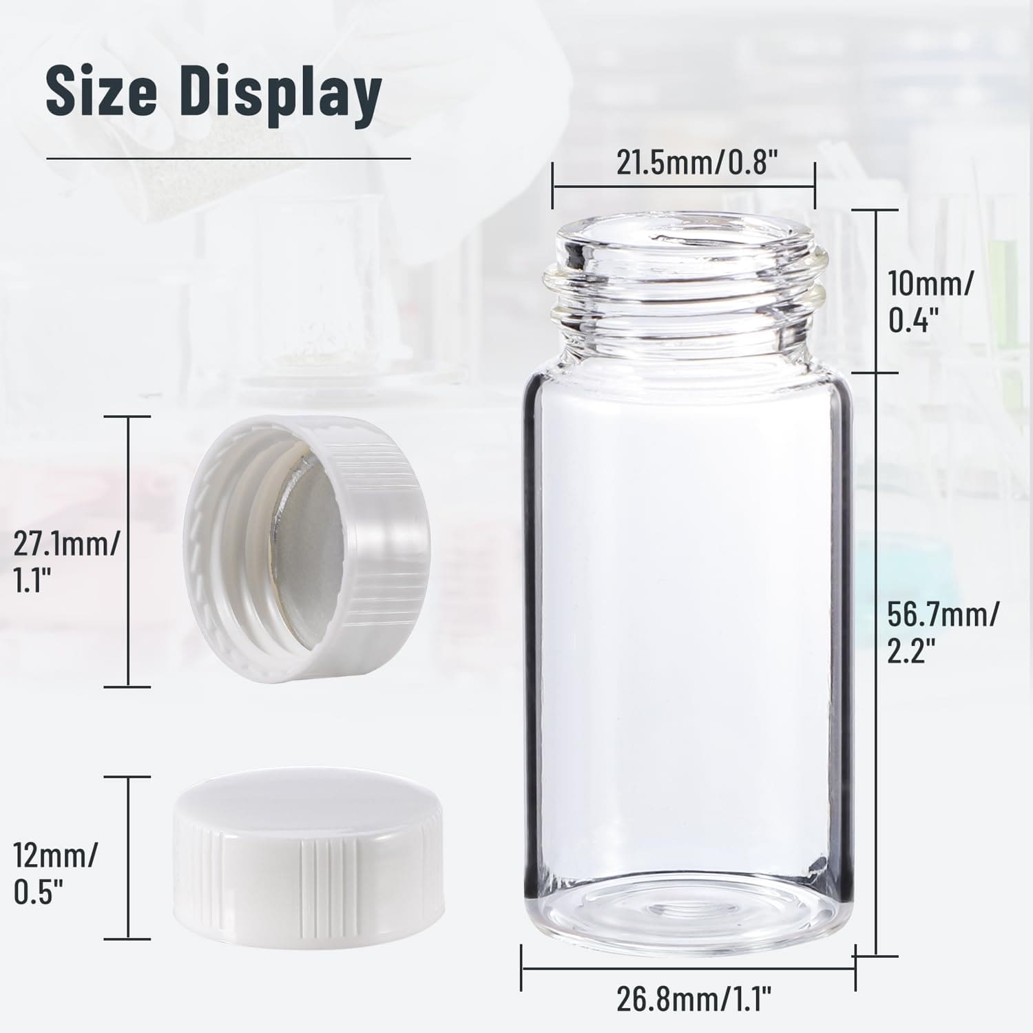 20ml glass scintillation vials dimensional diagram showing precise 56.7mm height and 27.1mm diameter measurements