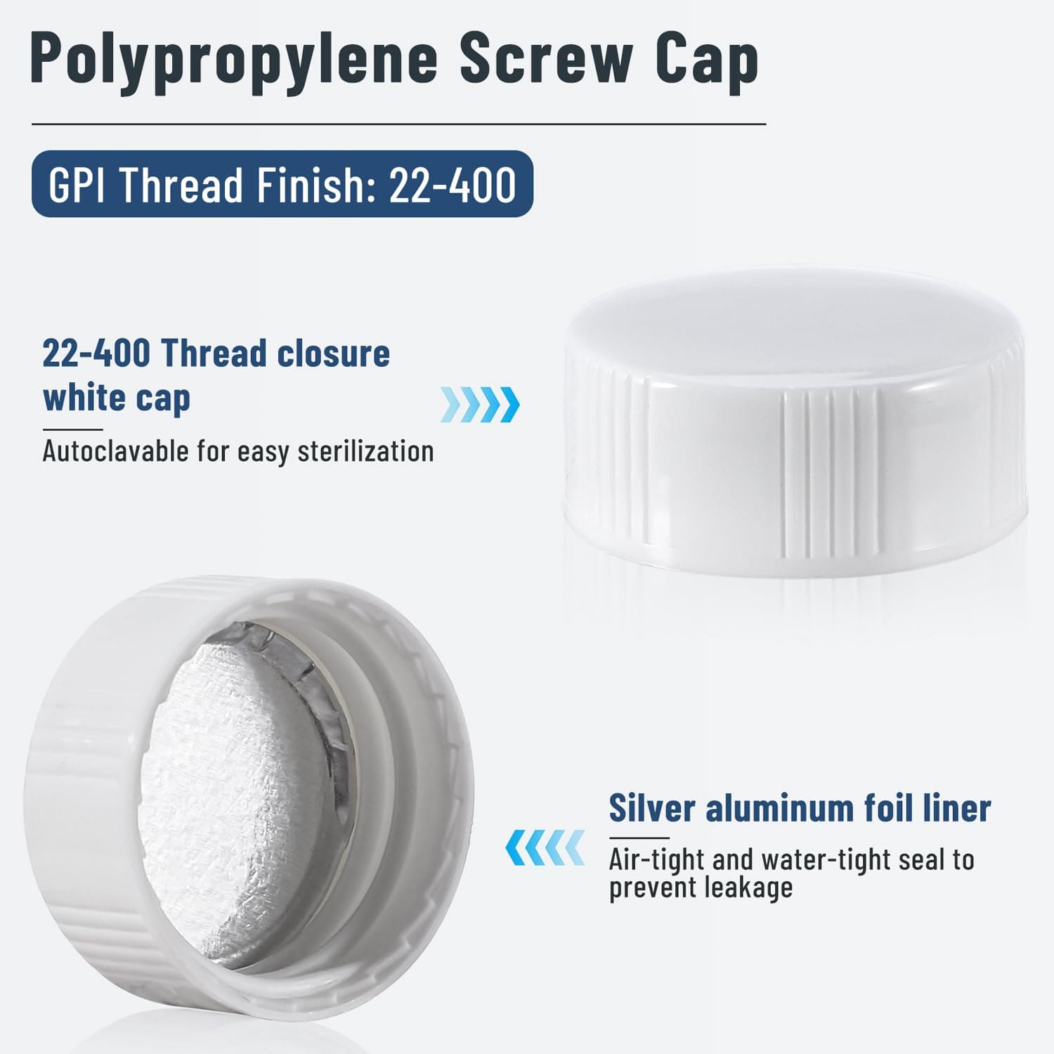 Polypropylene screw cap with silver aluminum foil liner for 20ml scint vials - GPI 22-400 thread autoclavable closure