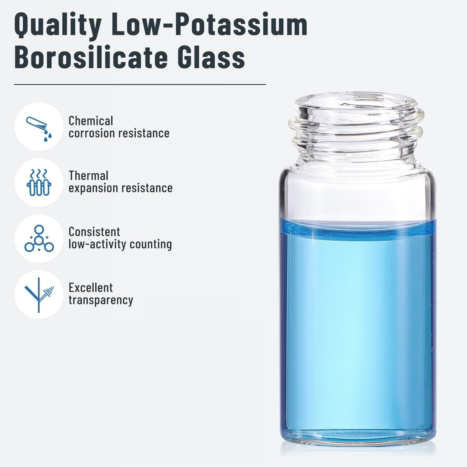 Low-potassium borosilicate glass scintillation vials with chemical corrosion resistance and thermal stability