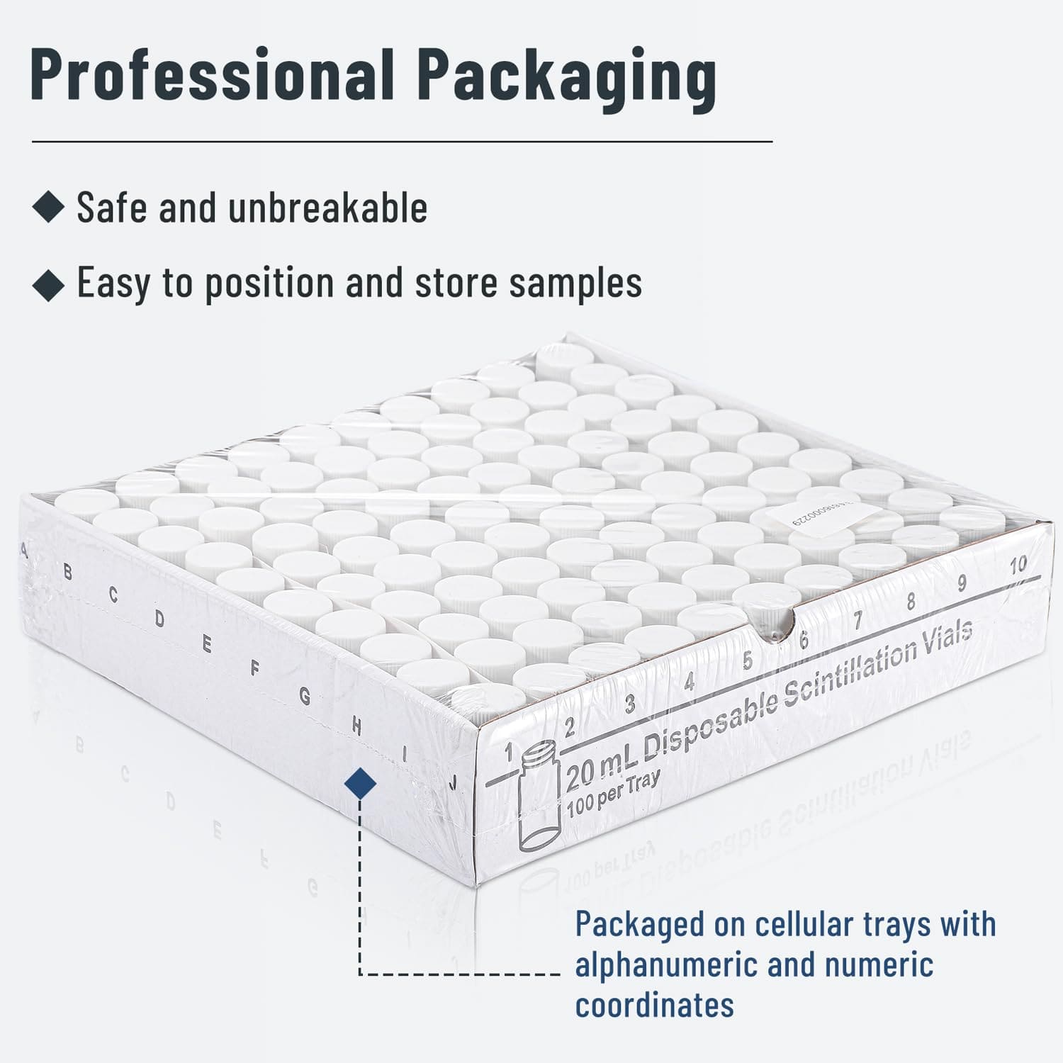 Secure packaging of 20ml scintillation vials in cellular trays with alphanumeric positioning system
