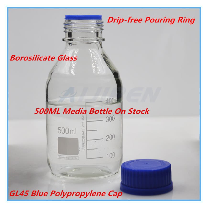 500ml clear reagent bottle with blue screw cap on stock