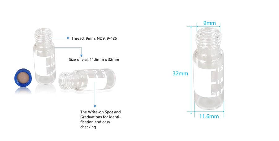 9mm autosampler vials with screw cap and PTFE septa