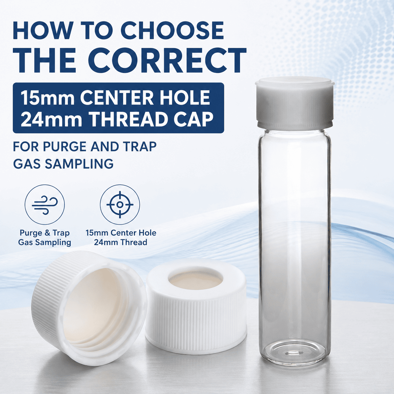 24mm screw thread vial cap with 15mm center hole and PTFE/Silicone septum for purge and trap VOC analysis