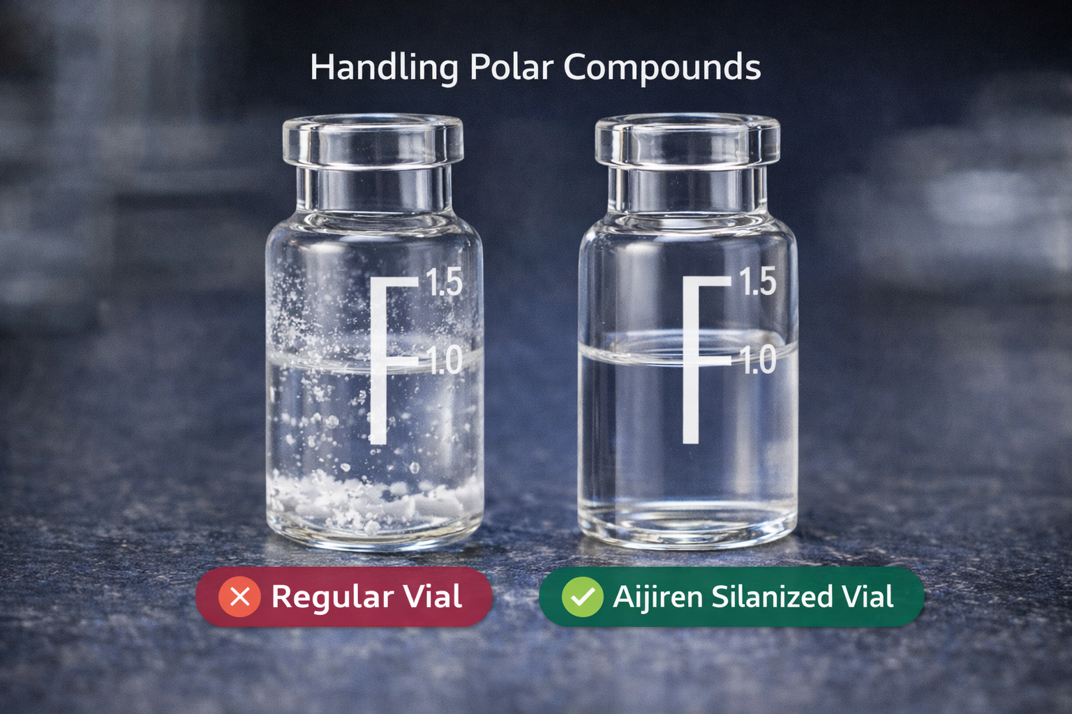 Demonstrates the differences between Silanized Vials and regular vials when handling polar compounds