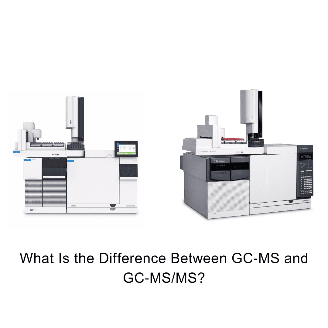 Comparison graphic of GC‑MS and GC‑MS/MS instruments with charts showing sensitivity and specificity differences