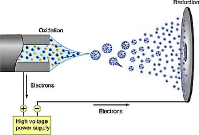 Explain how a mass spectrometry ion source turns a liquid into a gas ion
