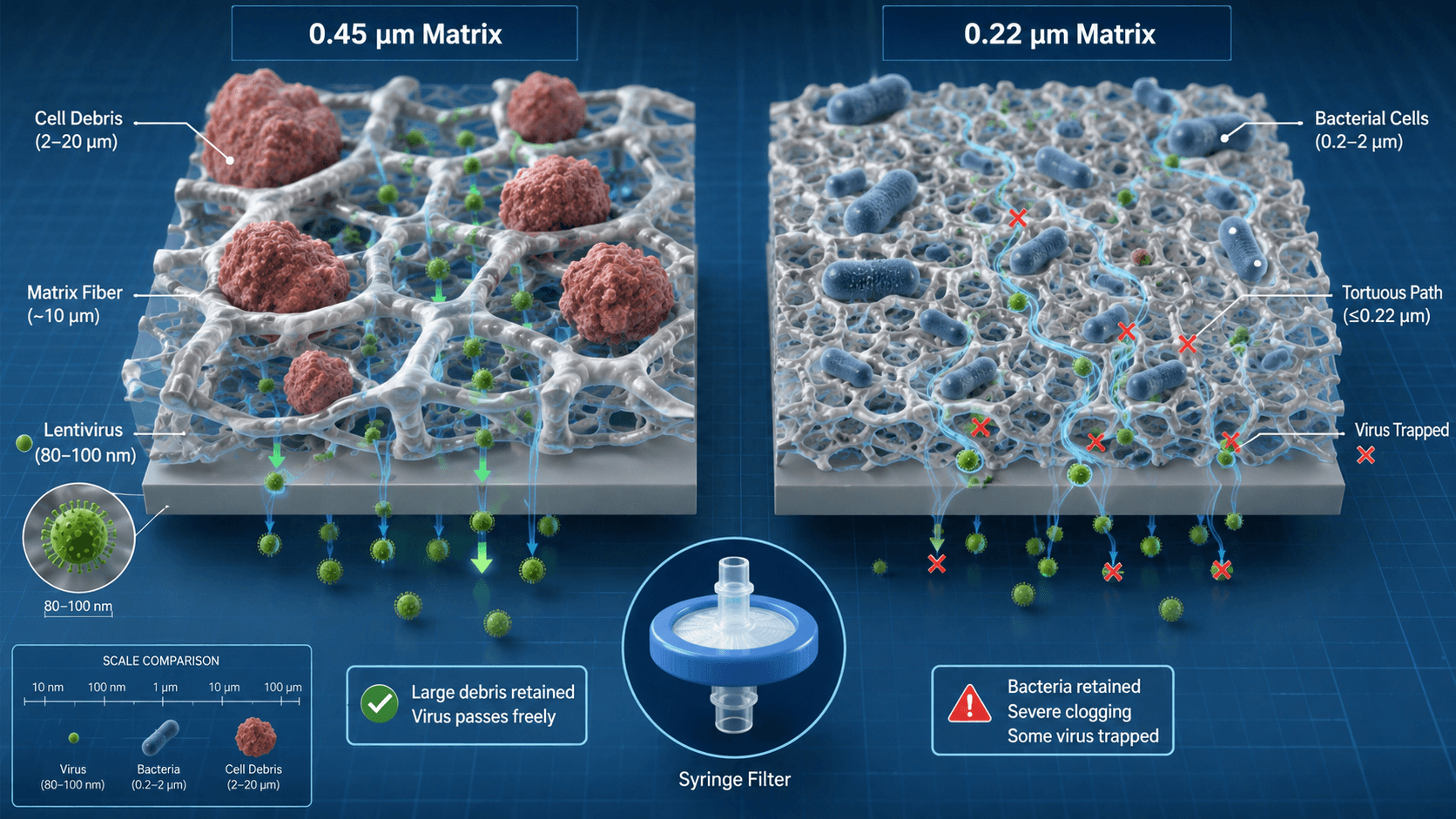 A precise scientific 3D illustration demonstrating the microscopic filtration mechanism of a syringe filter membrane