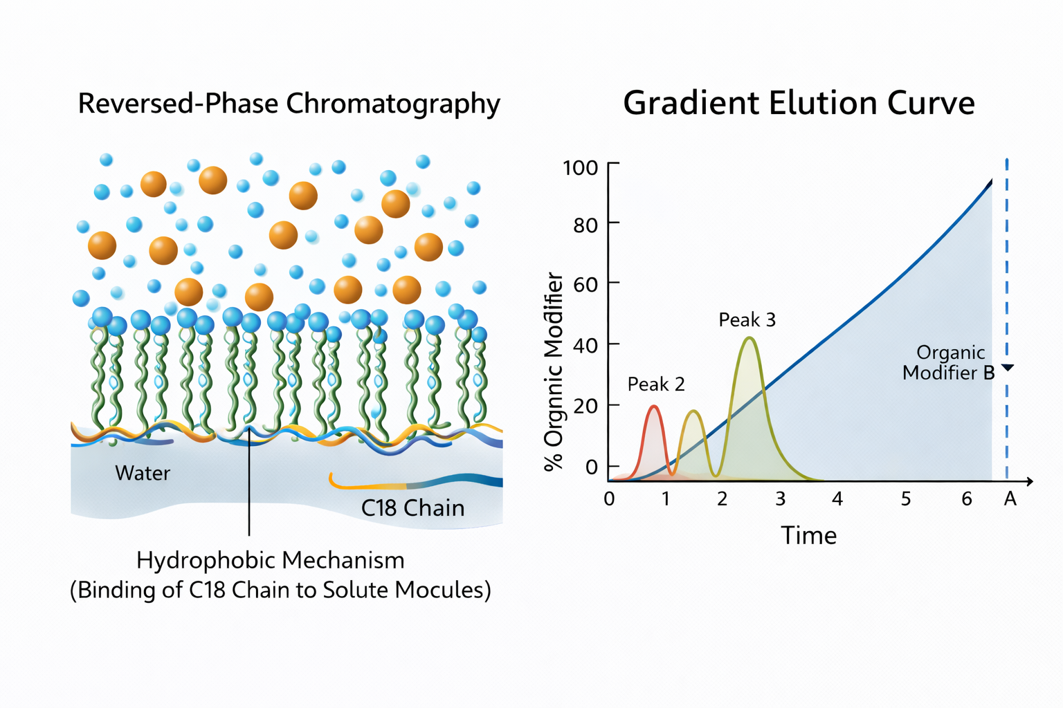 The hydrophobic mechanism of reversed-phase chromatography (binding of C18 chain to solute molecules) is shown on the left. A Gradient Elution Curve is shown on the right, marking how the ratio of organic modulators affects the effect of peaks over time