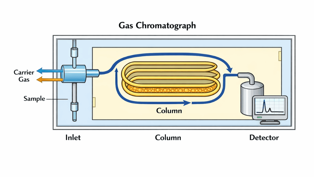 Internal flow path diagram of how does a GC work including inlet column and detector stages.