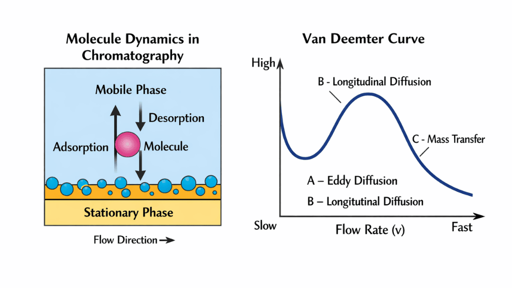 Mechanism of stationary and mobile phase in chromatography showing molecular separation efficiency.