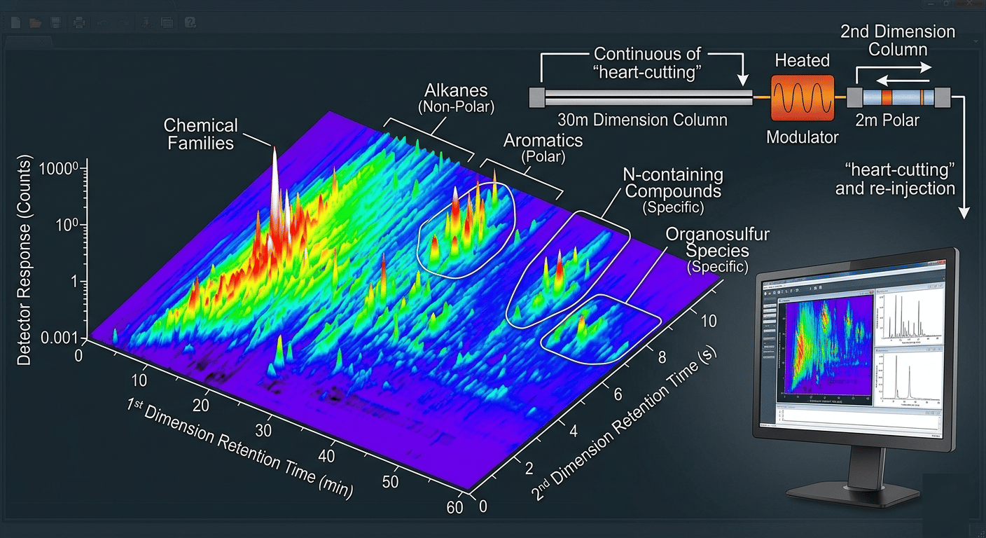  A vibrant 3D GCxGC contour plot showing chemical families like alkanes and aromatics separated by boiling point and polarity.