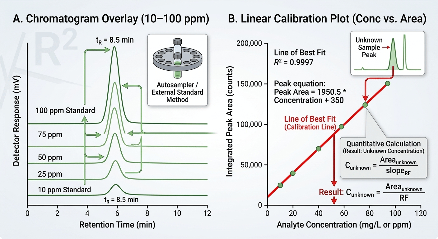 GC calibration curve graph showing the linear relationship between concentration and peak area.