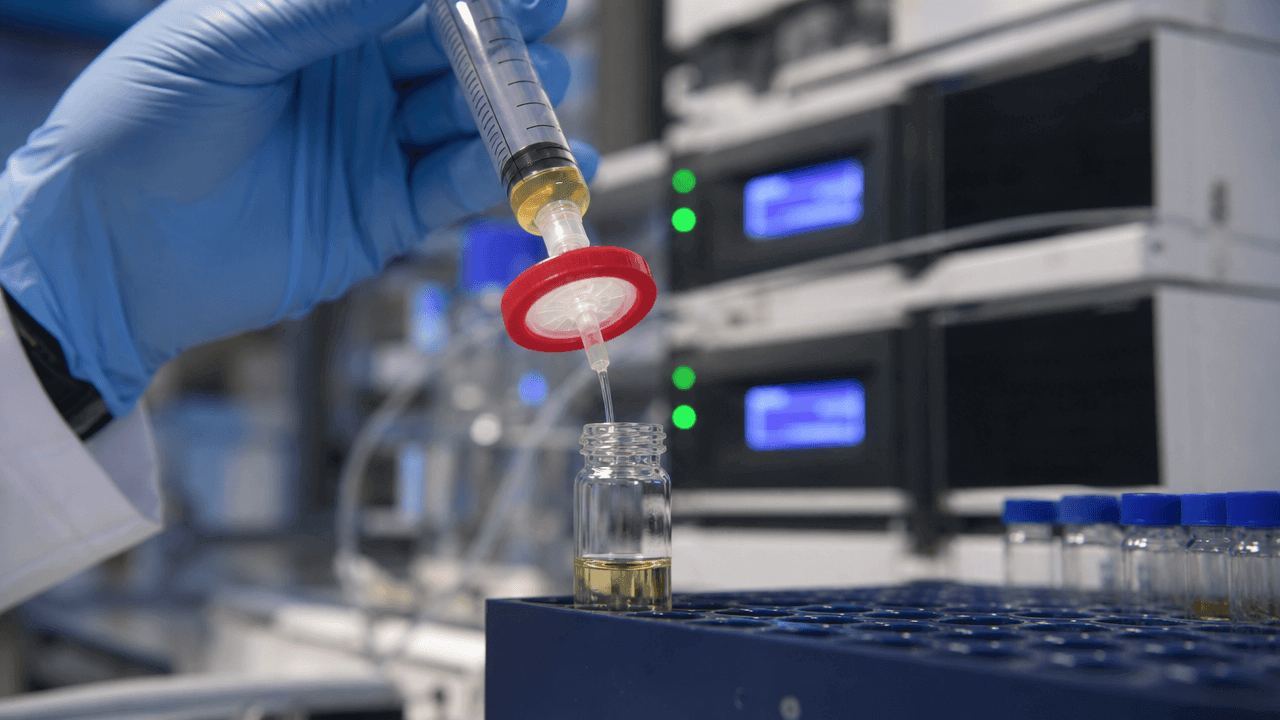 The experimenter handles the needle filter and sample bottle with their hands