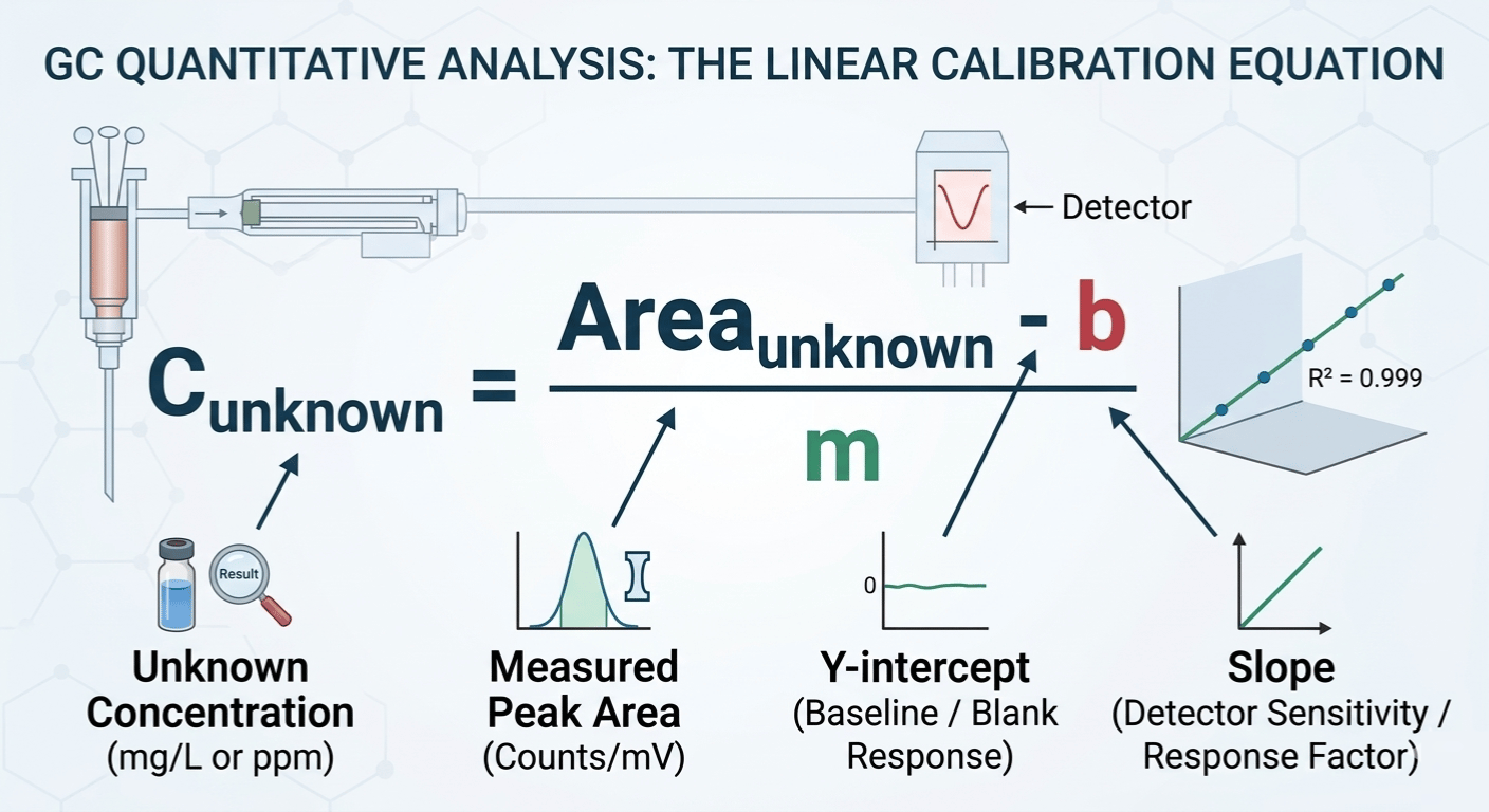 he standard linear calibration equation used in gas chromatography quantitative analysis: C_unknown = (Area_unknown - y-intercept) / Slope (m).