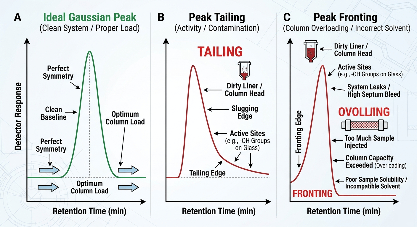 Diagnostic chart showing ideal, tailing, and fronting GC peaks.