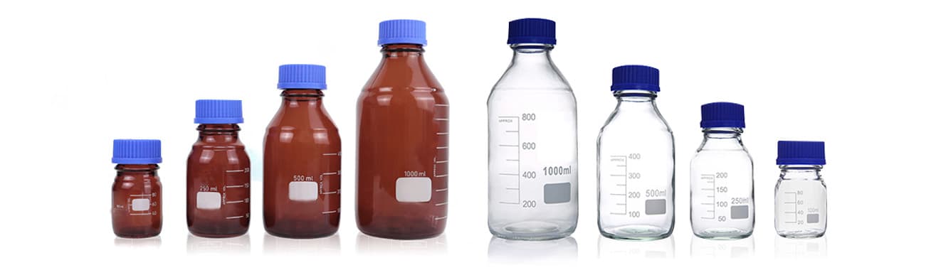 Bottiglie Di Stoccaggio Multimediale Da 25 Ml-1000 Ml Con Tappo A Ve Blu GL45 Bottiglie Da Laboratorio Per Stoccaggio Multimediale Per Reagente Rotondo Graduato In Vetro Borosilicato