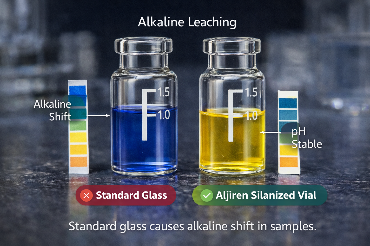 直观展示碱浸出。 普通玻璃（左）会导致样品碱性漂移，而 Aijiren 硅烷化瓶（右）保持 pH 稳定。