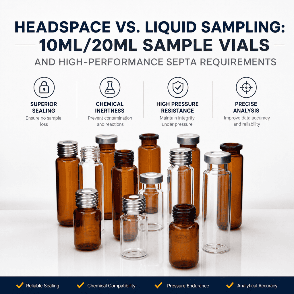 10ml and 20ml headspace vials with high pressure PTFE silicone septa compared to liquid injection vials