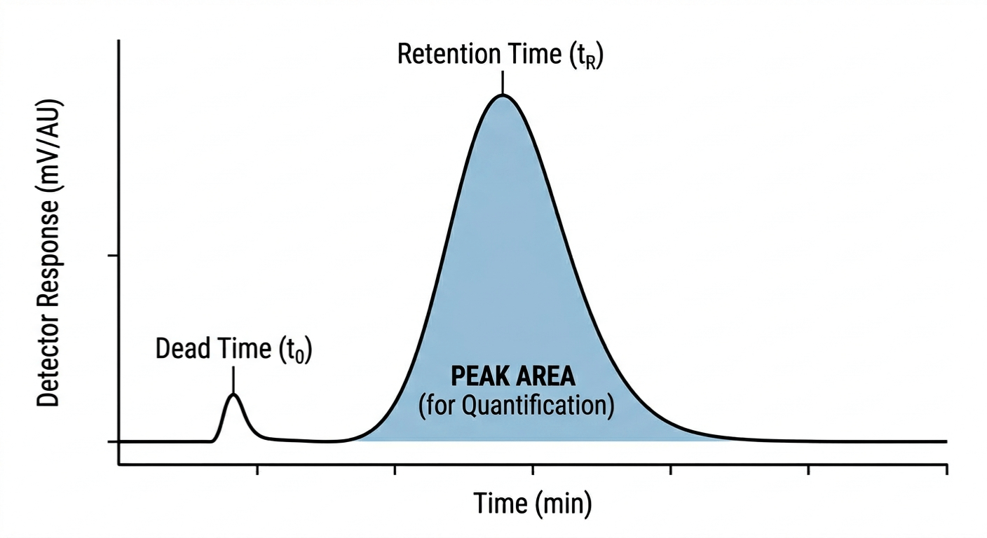 Annotated HPLC chromatogram with retention time and peak area.