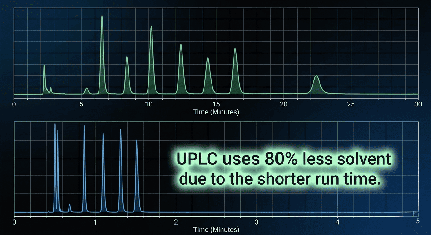 Stacked chromatogram showing 30-min HPLC vs. 4-min UPLC peaks