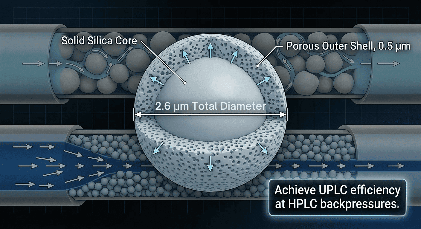 Diagram of a single 2.6 &micro;m core-shell particle architecture