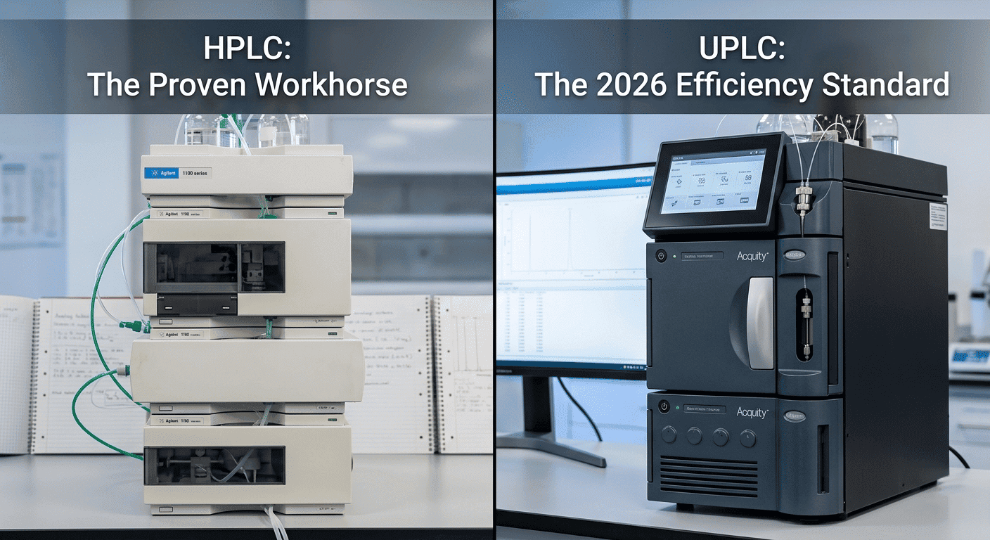 Side-by-side comparison of a traditional HPLC system and a modern high-pressure UPLC system in a laboratory setting.